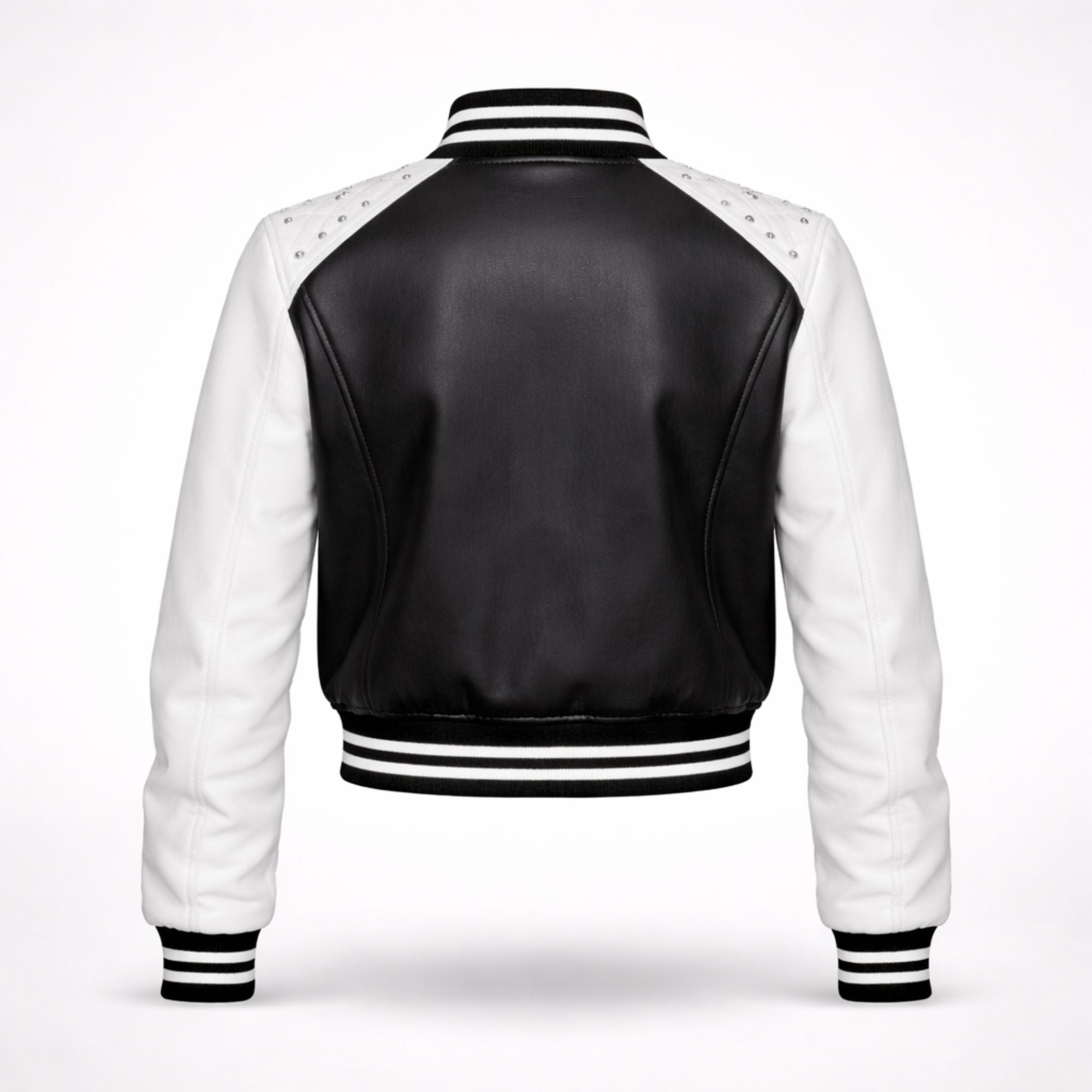 Women Black White Varsity Bomber Jacket Faux Leather Style Fit - RXD Leather 00328 
