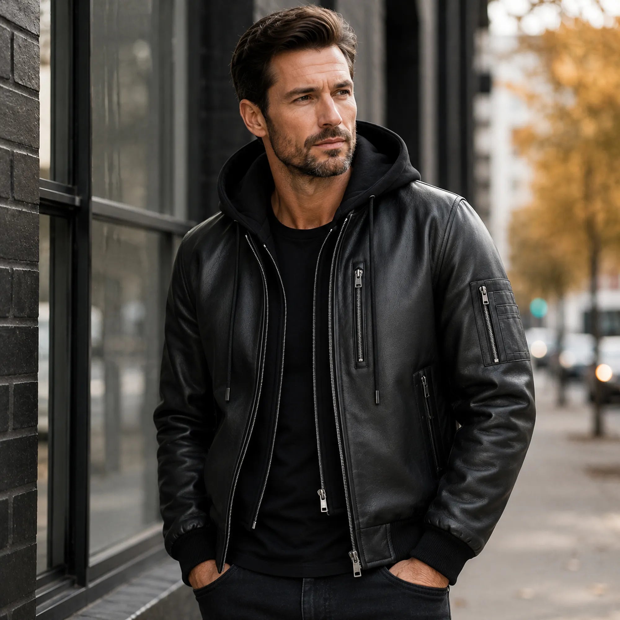 Men's black PU leather hooded jacket – RXD Leather