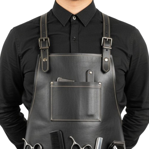 Black leather barber apron detail – RXD Leather