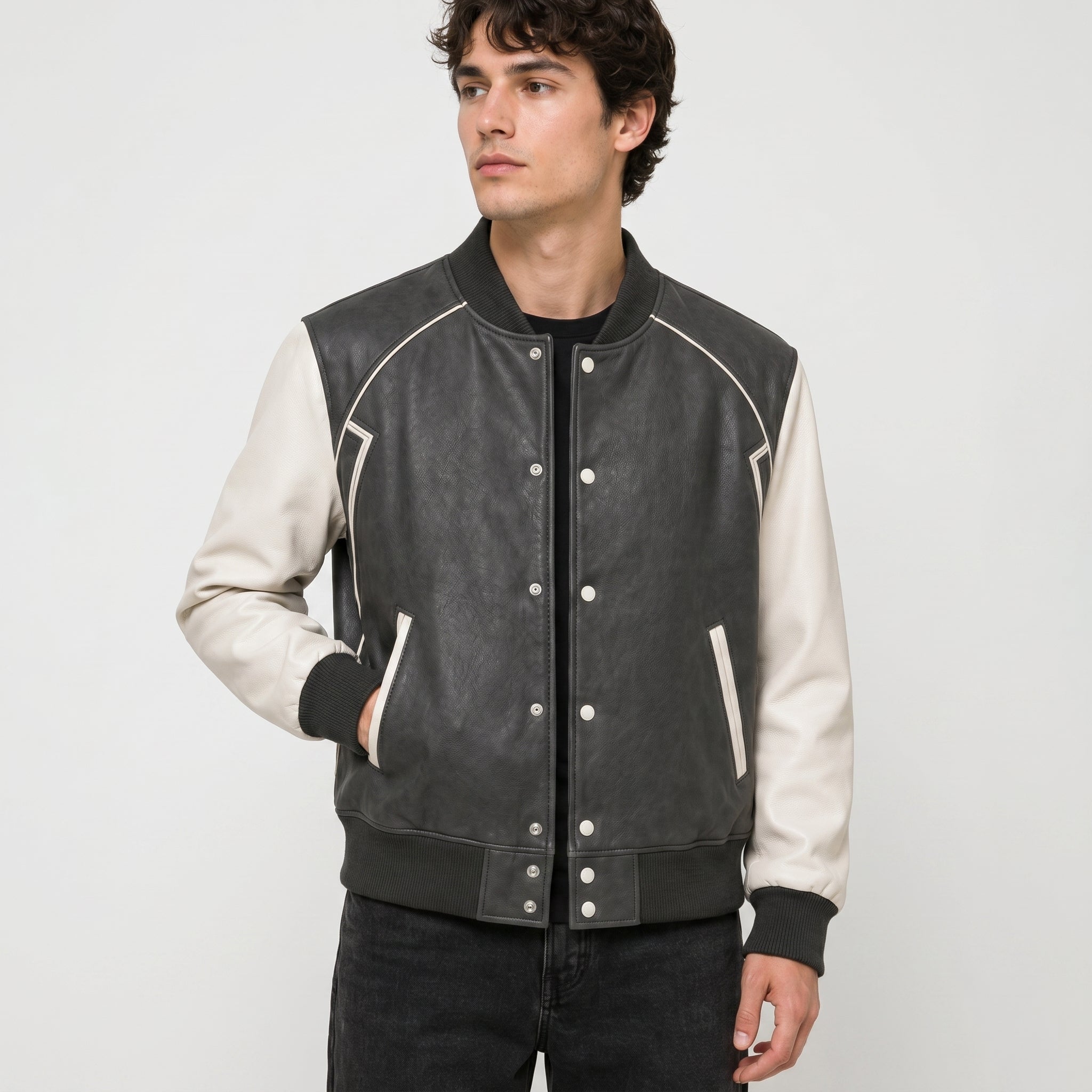 Mens Gray White Varsity Jacket Padded Winter Streetwear Style Outfit - RXD Leather 00170