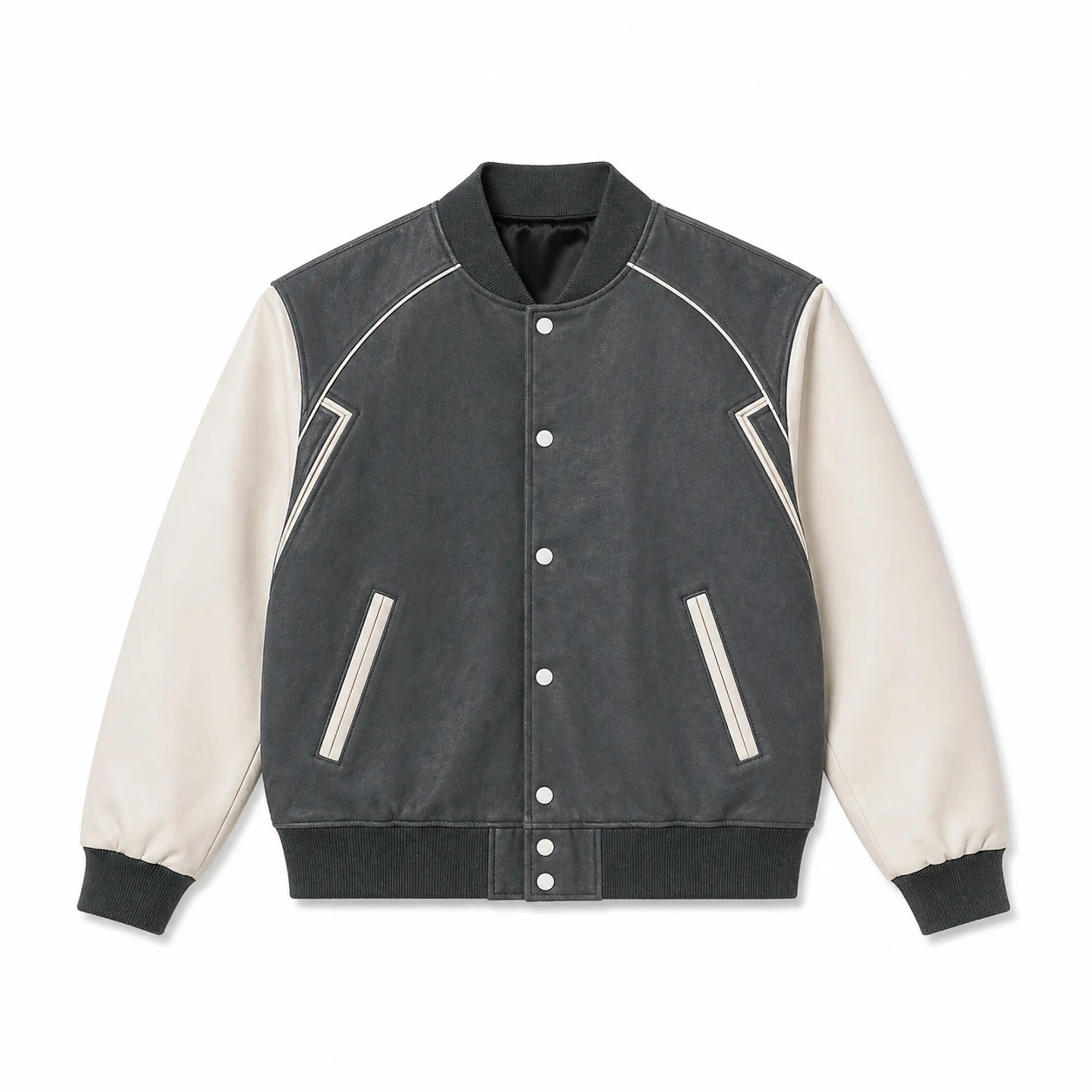 Mens Gray White Varsity Jacket Padded Winter Streetwear Style Outfit - RXD Leather 00170