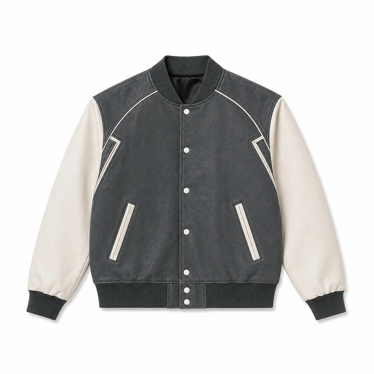 Mens Gray White Varsity Jacket Padded Winter Streetwear Style Outfit - RXD Leather 00170