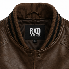 Men's brown varsity leather bomber jacket styled – RXD Leather