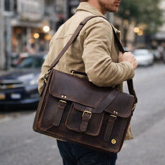 Vintage Brown Leather Laptop  Bag with Front Pocket & Strap - RXD Leather 0049