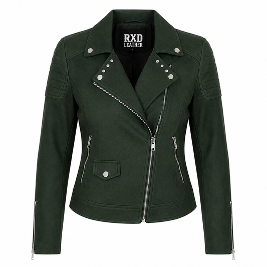 Women's olive green suede leather biker jacket – RXD Leather 1254