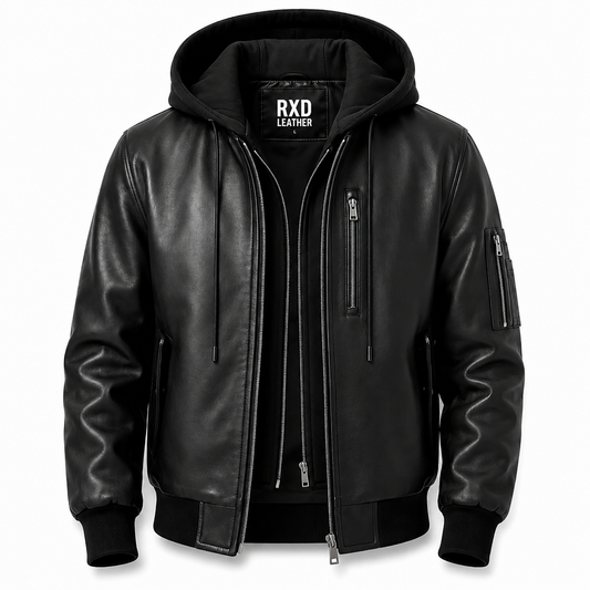 Men's black distressed hooded winter jacket – RXD Leather 1254
