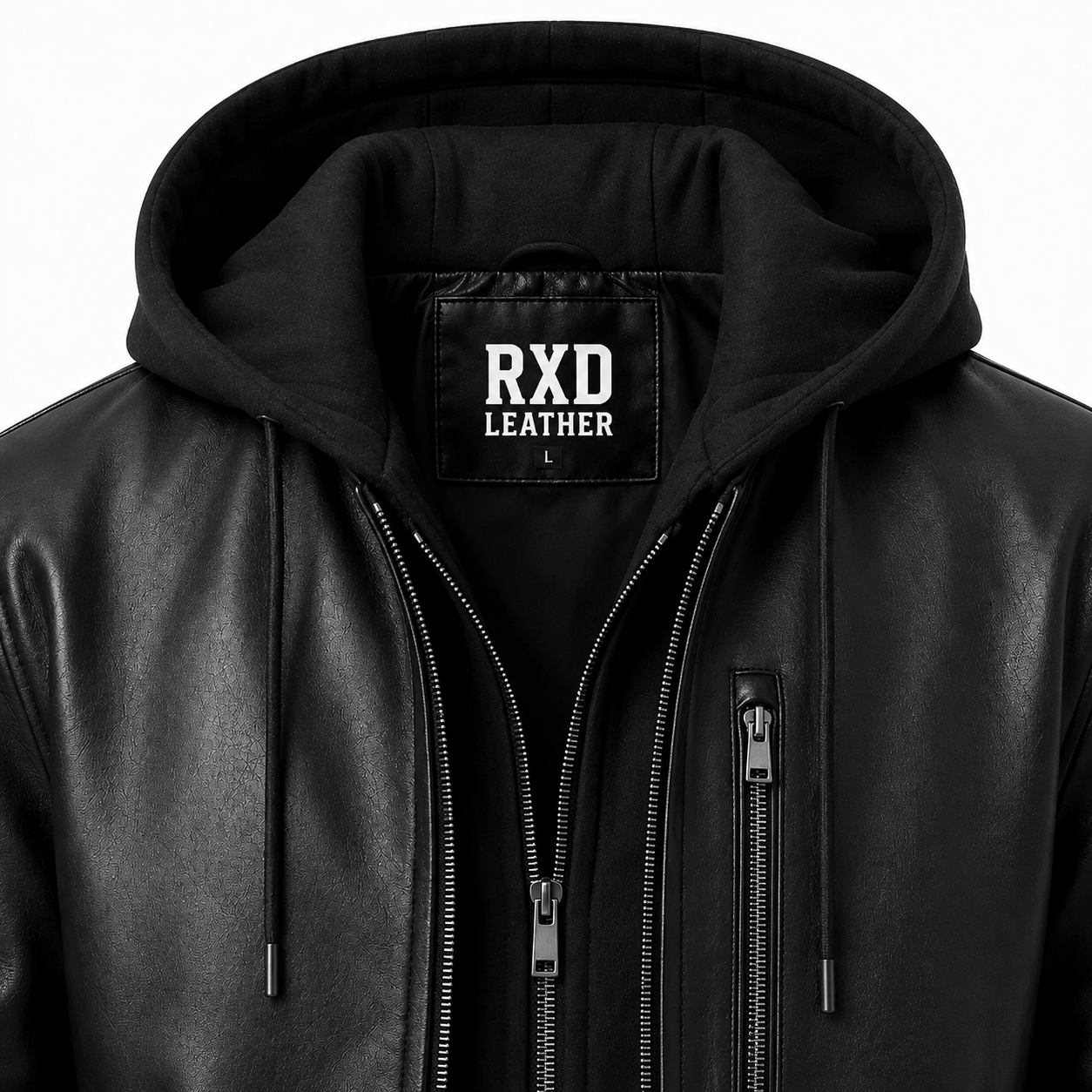 Men's black distressed hooded jacket detail – RXD Leather