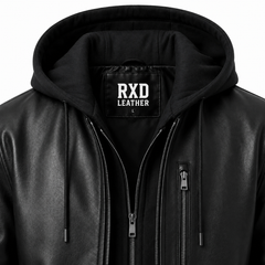 Men's black distressed hooded jacket detail – RXD Leather