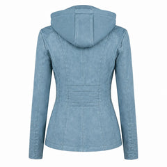 Women Blue Faux Leather Hooded Jacket Slim Fit Casual Wear Style - RXD Leather 0019