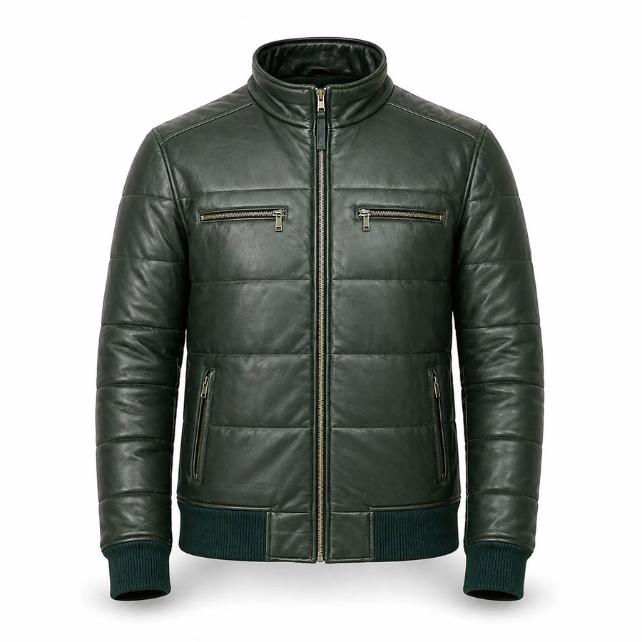 Men's green sheepskin leather puffer bomber jacket – RXD Leather