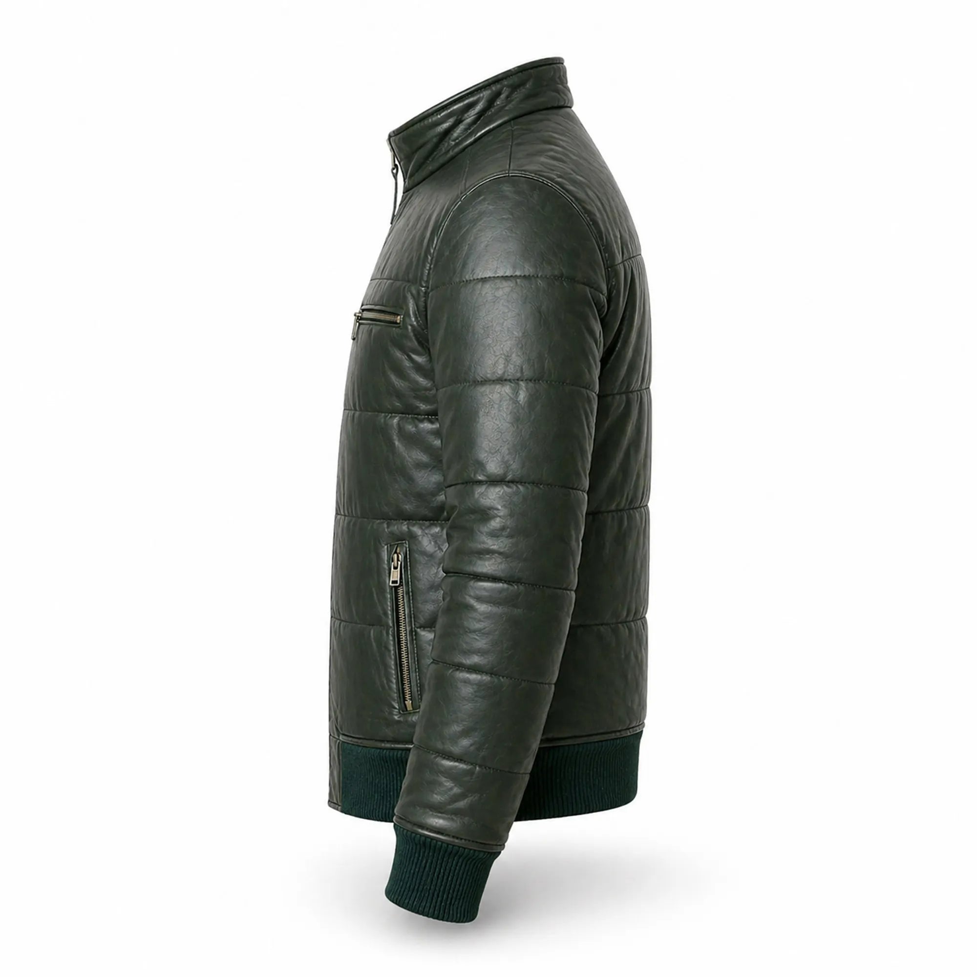 Men's green leather puffer bomber jacket back – RXD Leather