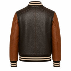 Mens Brown Cowhide Leather Varsity Bomber Jacket Streetwear Fit - RXD Leather 00142 