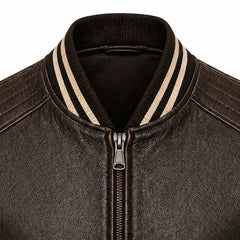 Mens Brown Cowhide Leather Varsity Bomber Jacket Streetwear Fit - RXD Leather 00142 