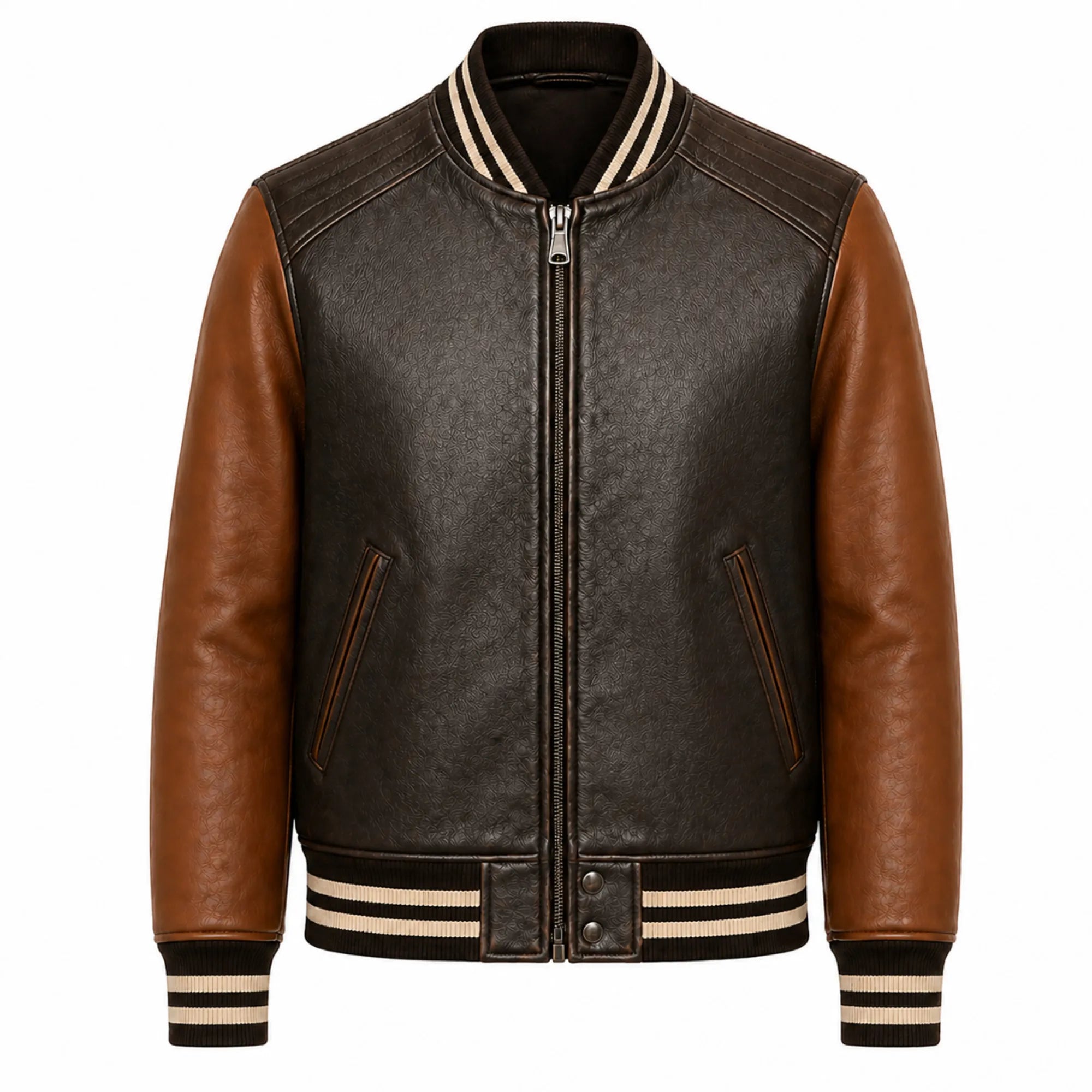 Mens Brown Cowhide Leather Varsity Bomber Jacket Streetwear Fit - RXD Leather 00142
