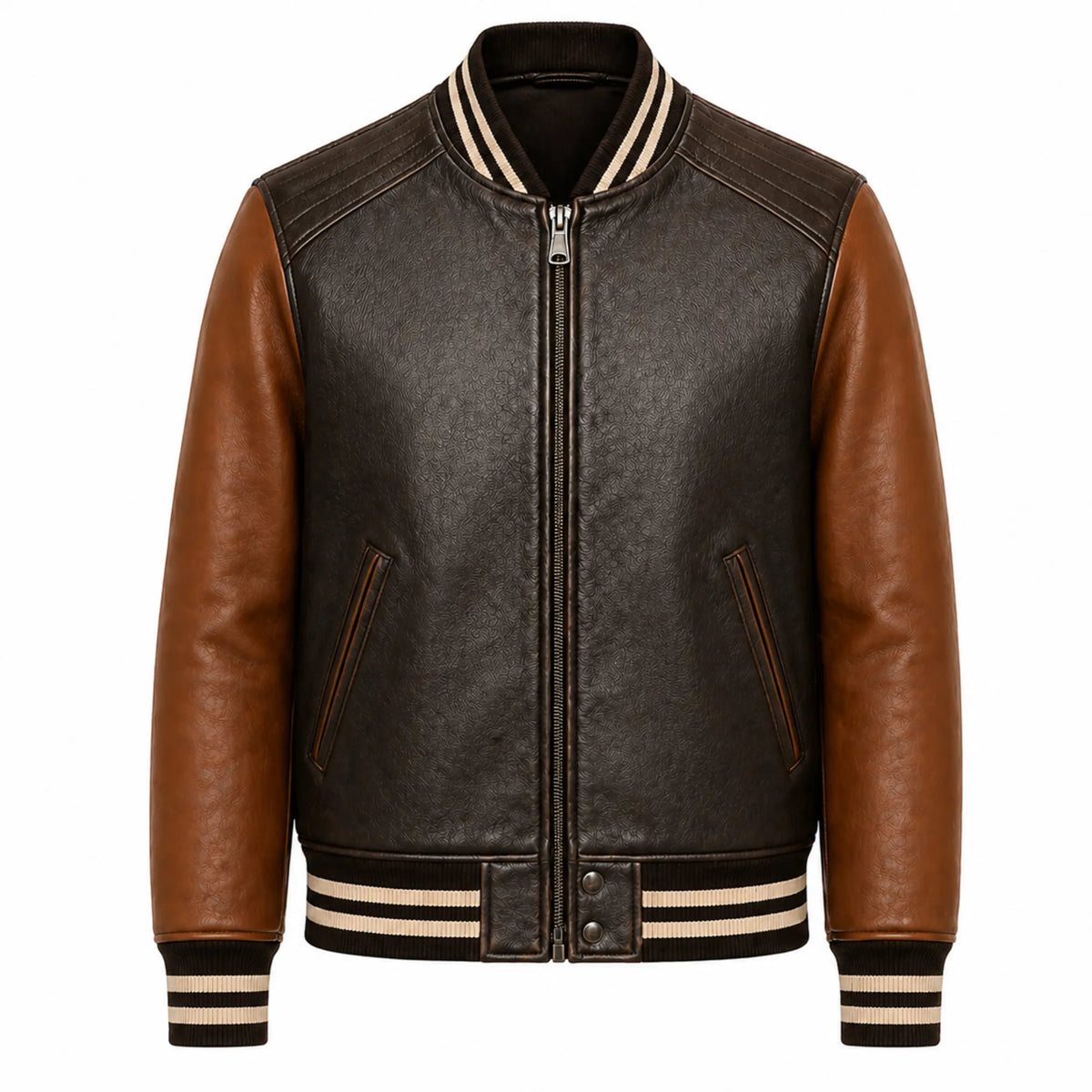 Mens Brown Cowhide Leather Varsity Bomber Jacket Streetwear Fit - RXD Leather 00142
