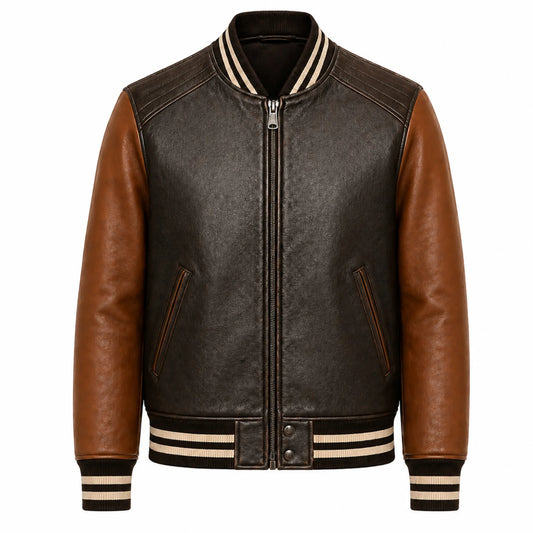 Mens Brown Cowhide Leather Varsity Bomber Jacket Streetwear Fit - RXD Leather 00142 2000