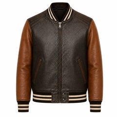 Mens Brown Cowhide Leather Varsity Bomber Jacket Streetwear Fit - RXD Leather 00142