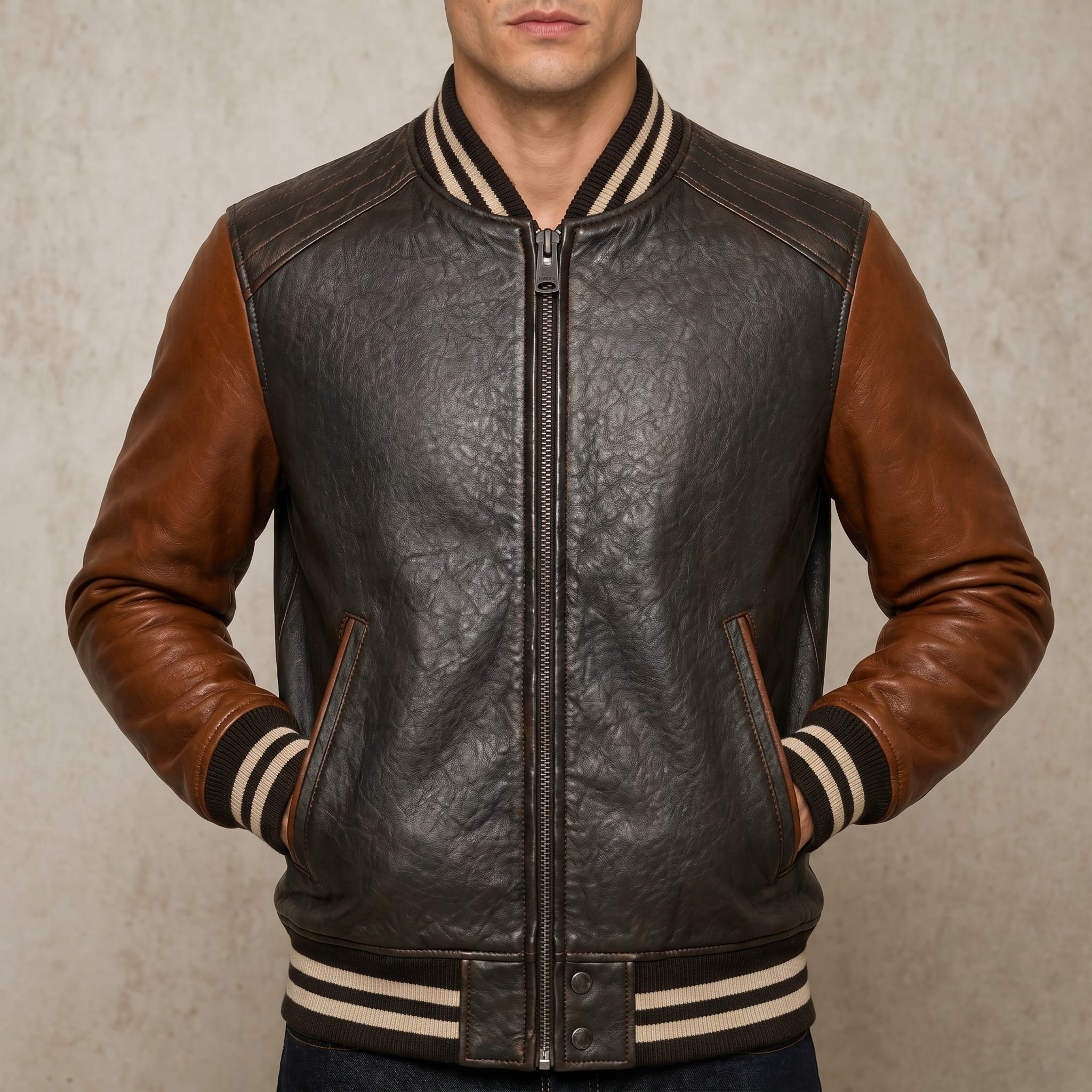 Mens Brown Cowhide Leather Varsity Bomber Jacket Streetwear Fit - RXD Leather 00142