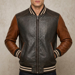 Mens Brown Cowhide Leather Varsity Bomber Jacket Streetwear Fit - RXD Leather 00142