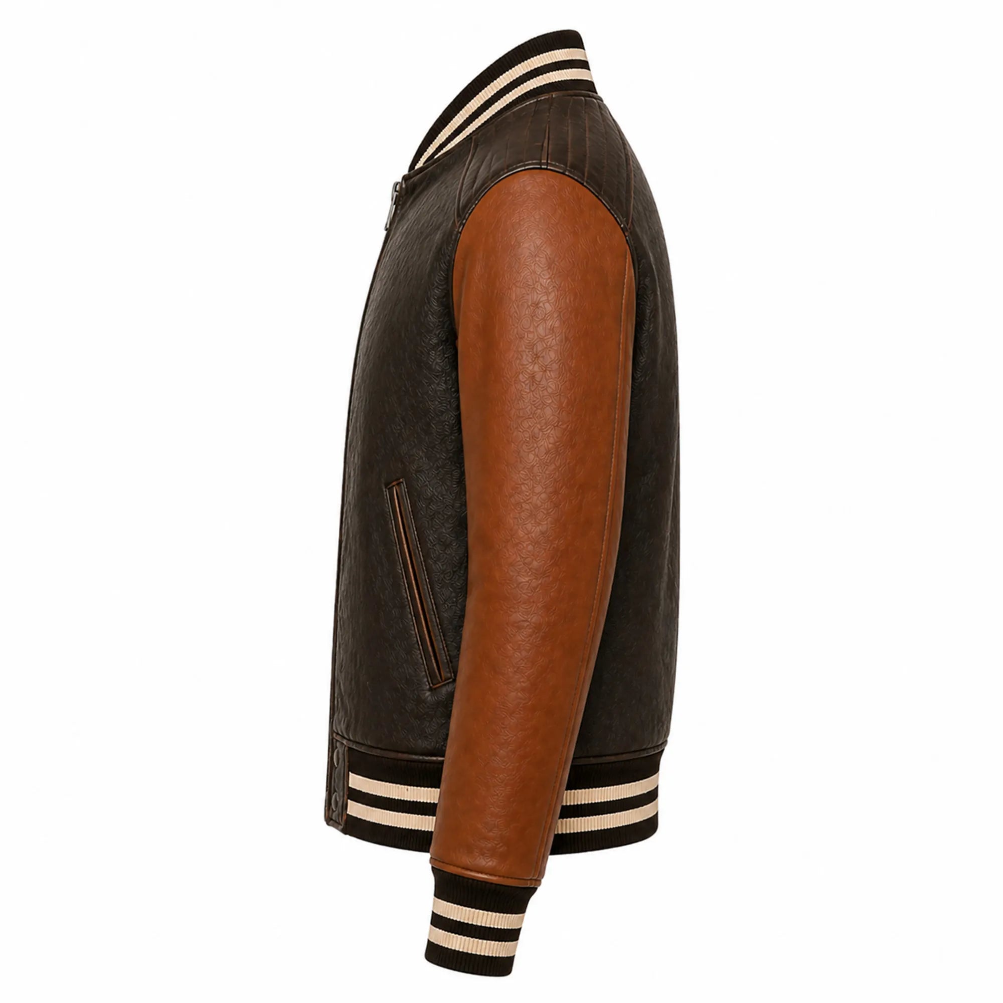 Mens Brown Cowhide Leather Varsity Bomber Jacket Streetwear Fit - RXD Leather 00142 