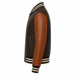 Mens Brown Cowhide Leather Varsity Bomber Jacket Streetwear Fit - RXD Leather 00142 