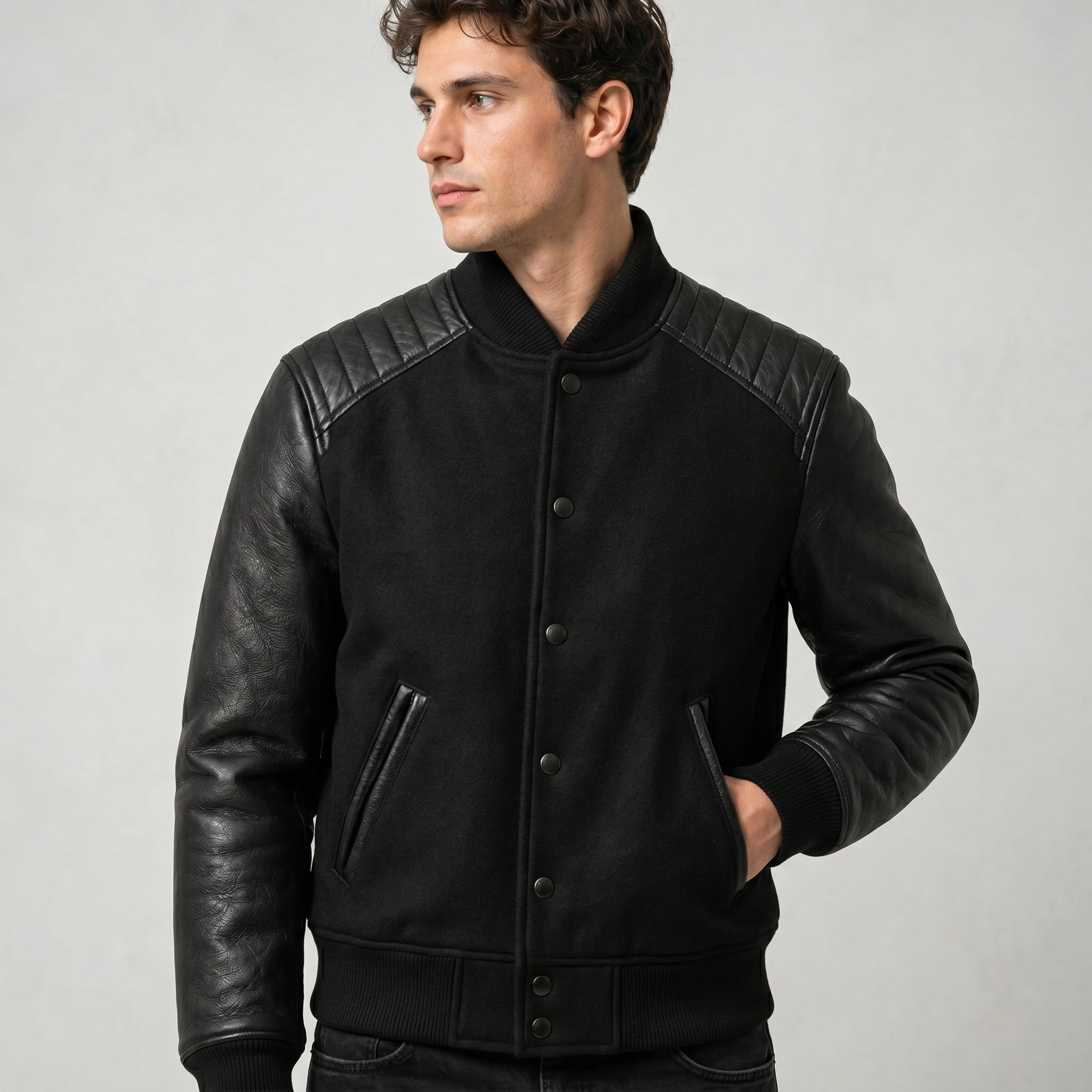 Men's black wool-blend varsity jacket with leather sleeves – RXD Leather