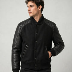 Men's black wool-blend varsity jacket with leather sleeves – RXD Leather