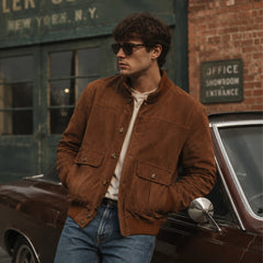 Mens Beige Suede Leather Bomber Jacket Modern Casual Style Wear Coats - RXD Leather 00510 