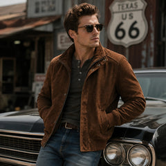 Men's Brown Suede Leather Bomber Jacket Classic Winter Style Wear Coats - RXD Leather 00503