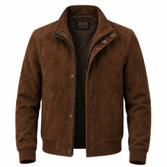 Men's Brown Suede Leather Bomber Jacket Classic Winter Style Wear Coats - RXD Leather 00503