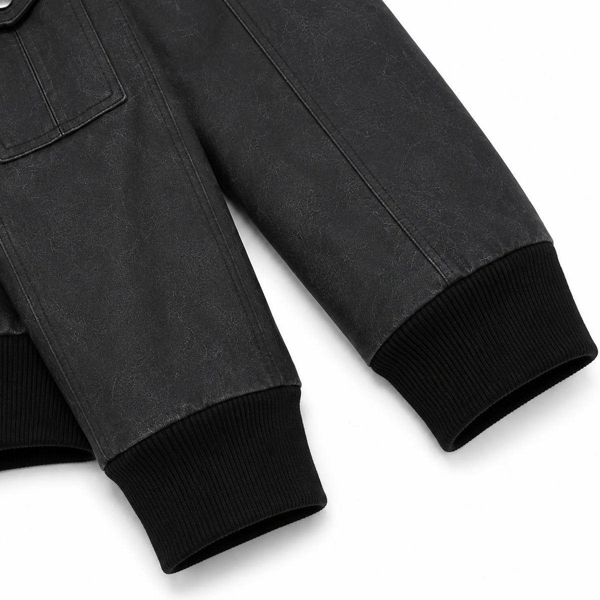 Men's distressed black leather bomber jacket detail – RXD Leather