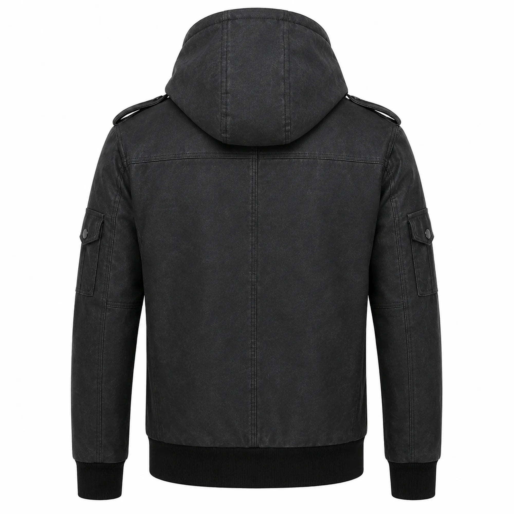 Mens Distressed Black Leather Bomber Jacket Removable Hood Casual Fit - RXD Leather 00498 