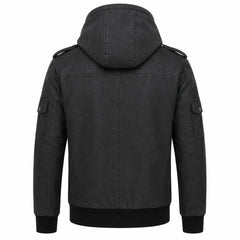 Mens Distressed Black Leather Bomber Jacket Removable Hood Casual Fit - RXD Leather 00498 