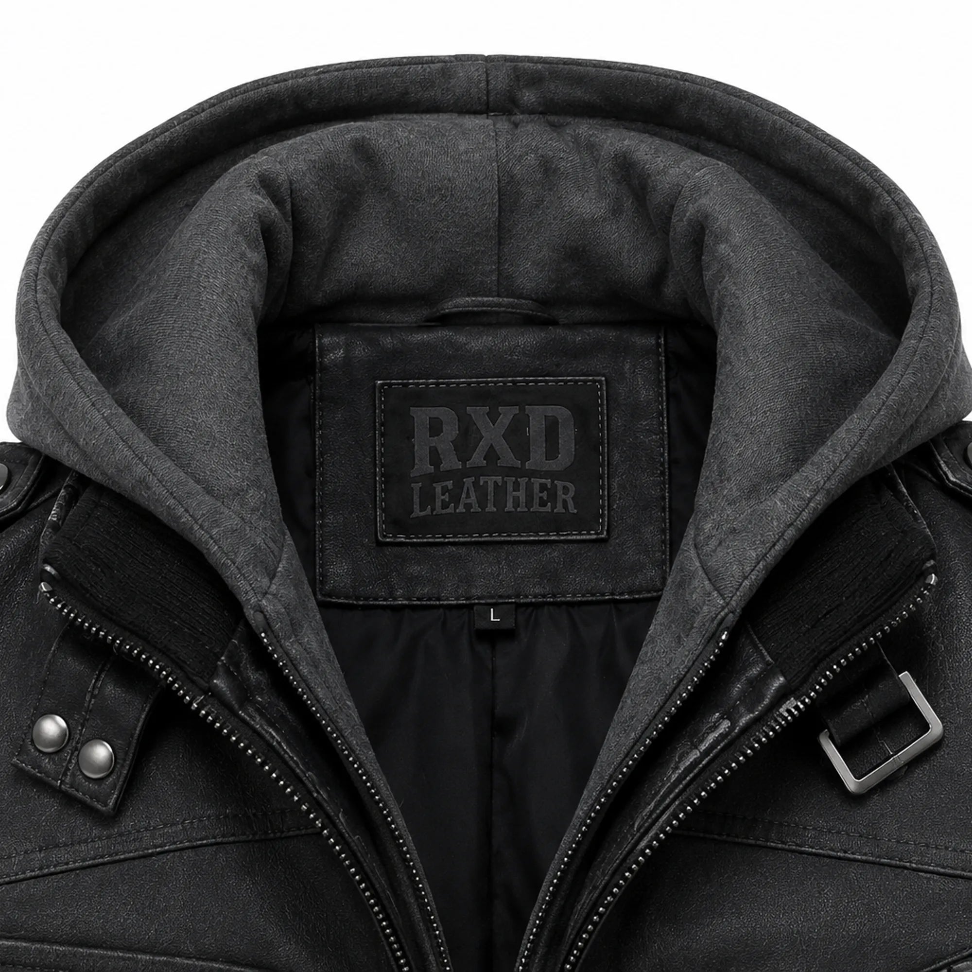 Mens Distressed Black Leather Bomber Jacket Removable Hood Casual Fit - RXD Leather 00498 