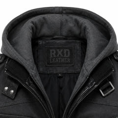 Mens Distressed Black Leather Bomber Jacket Removable Hood Casual Fit - RXD Leather 00498 