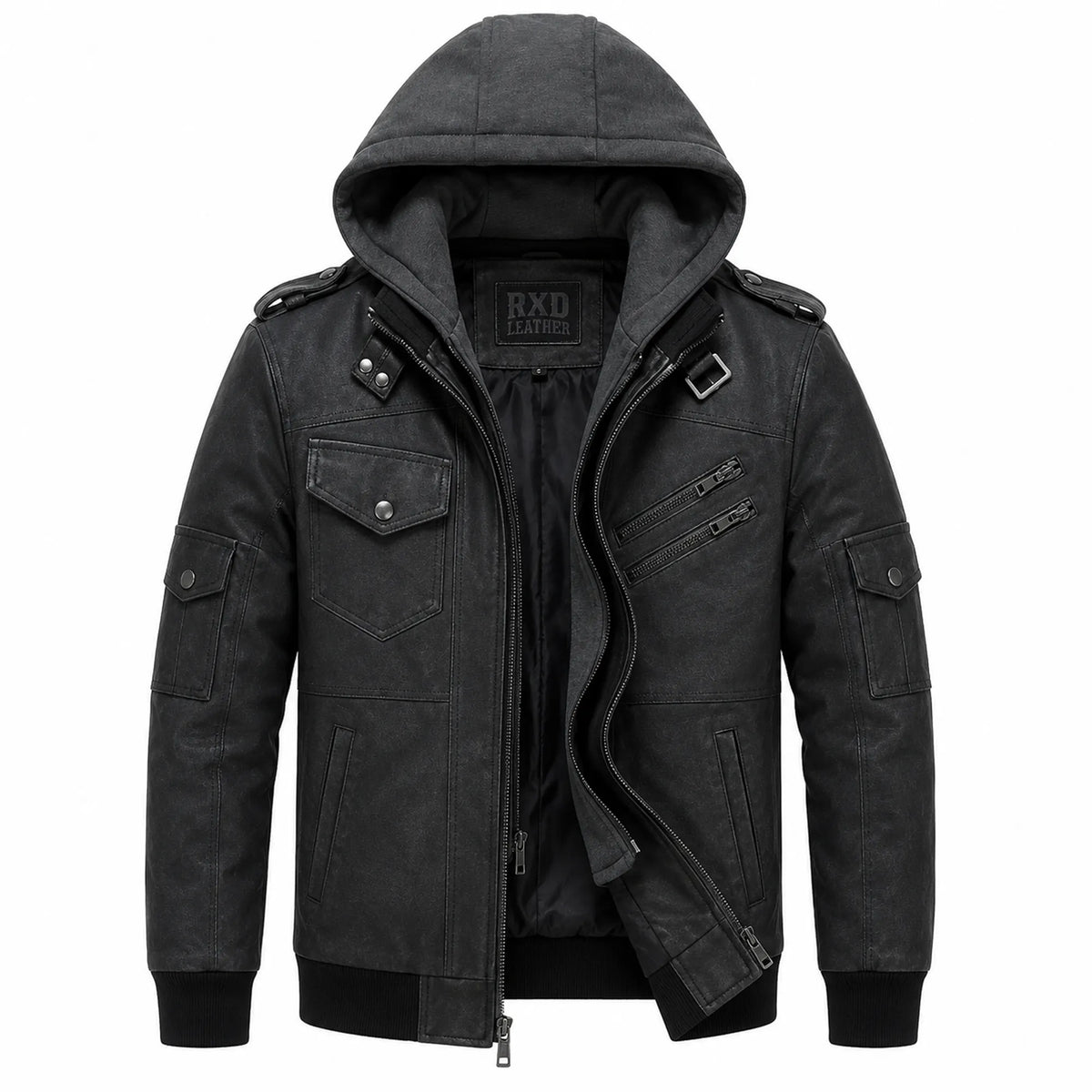 Mens Distressed Black Leather Bomber Jacket Removable Hood Casual Fit - RXD Leather 00498