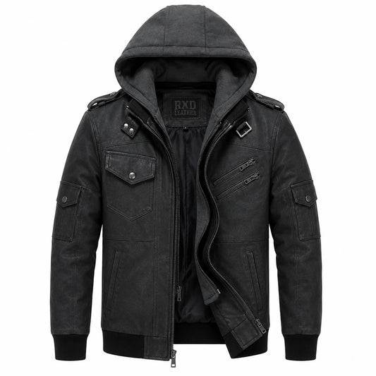 Mens Distressed Black Leather Bomber Jacket Removable Hood Casual Fit - RXD Leather 00498 2000