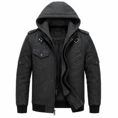Mens Distressed Black Leather Bomber Jacket Removable Hood Casual Fit - RXD Leather 00498