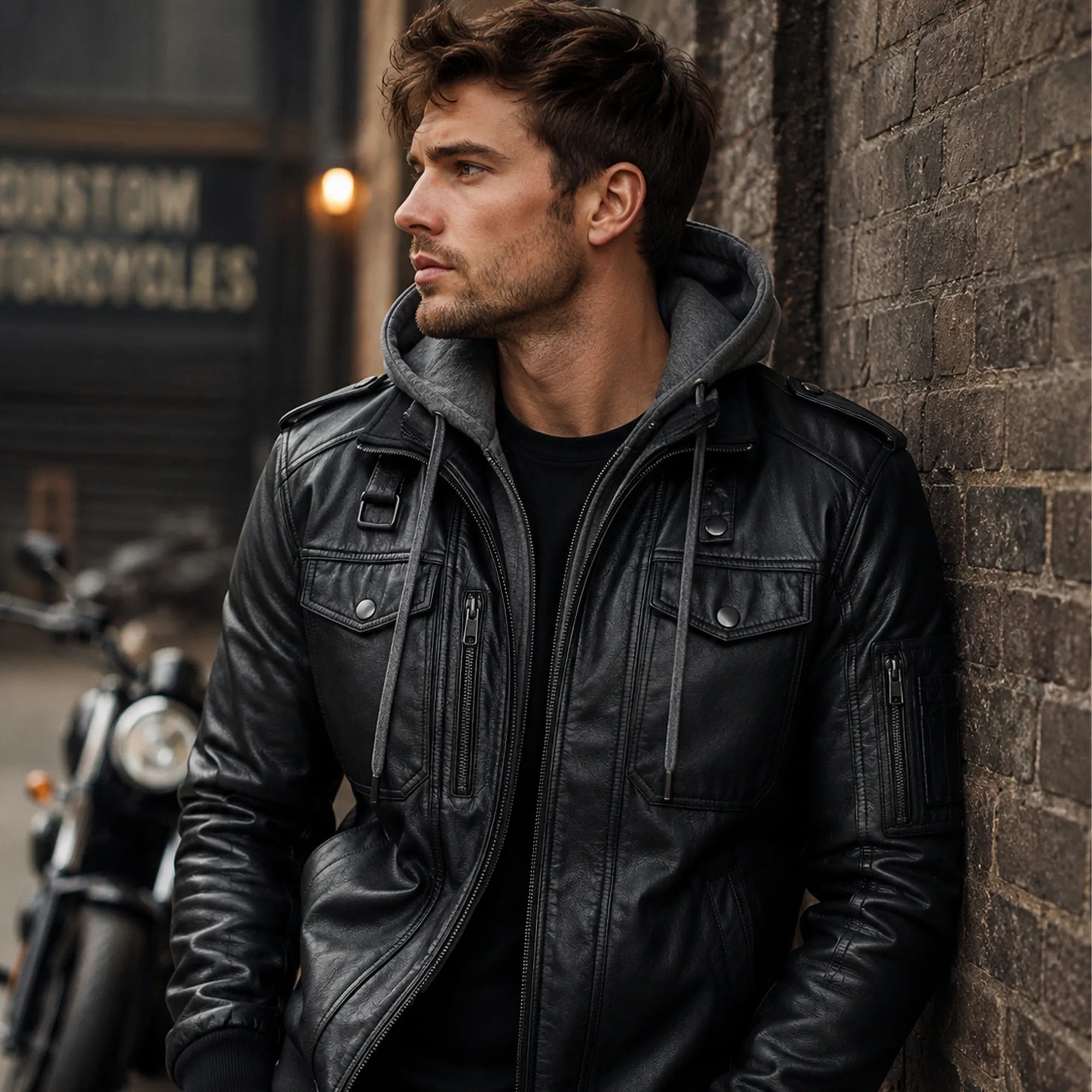 Mens Distressed Black Leather Bomber Jacket Removable Hood Casual Fit - RXD Leather 00498 