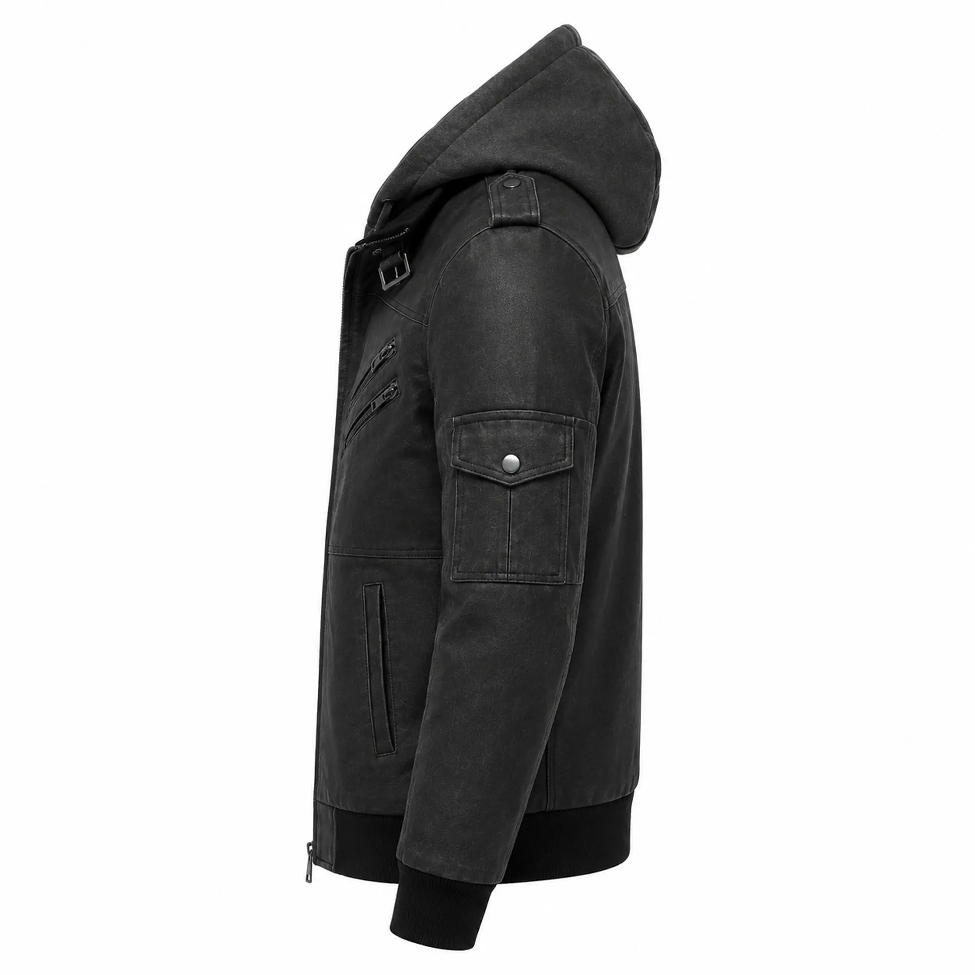 Mens Distressed Black Leather Bomber Jacket Removable Hood Casual Fit - RXD Leather 00498 