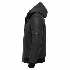 Mens Distressed Black Leather Bomber Jacket Removable Hood Casual Fit - RXD Leather 00498 