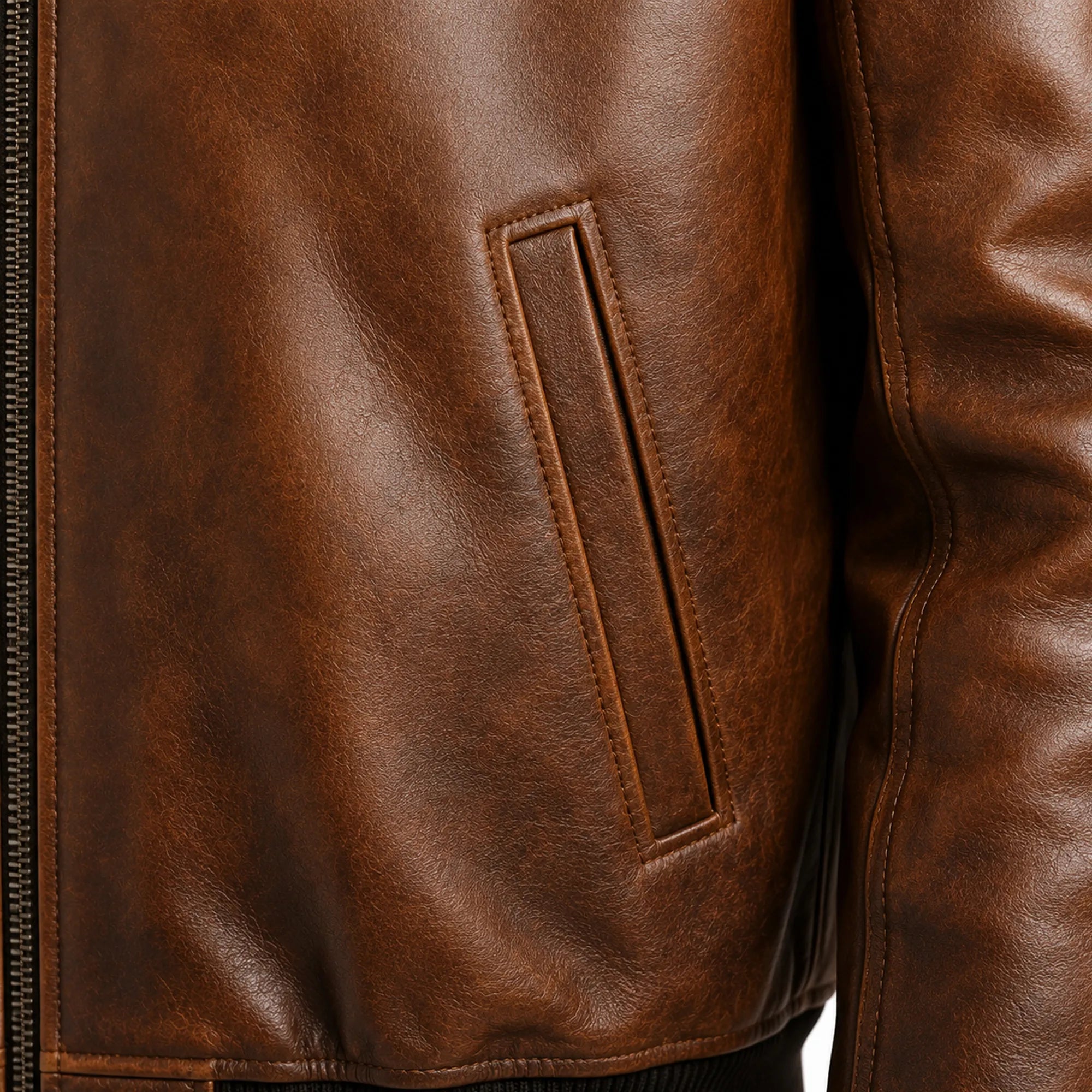 Men's distressed brown vintage bomber jacket detail – RXD Leather