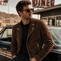 Men's Suede Leather Biker Jacket Quilted Moto Style for Men Casual Fit - RXD Leather 00506