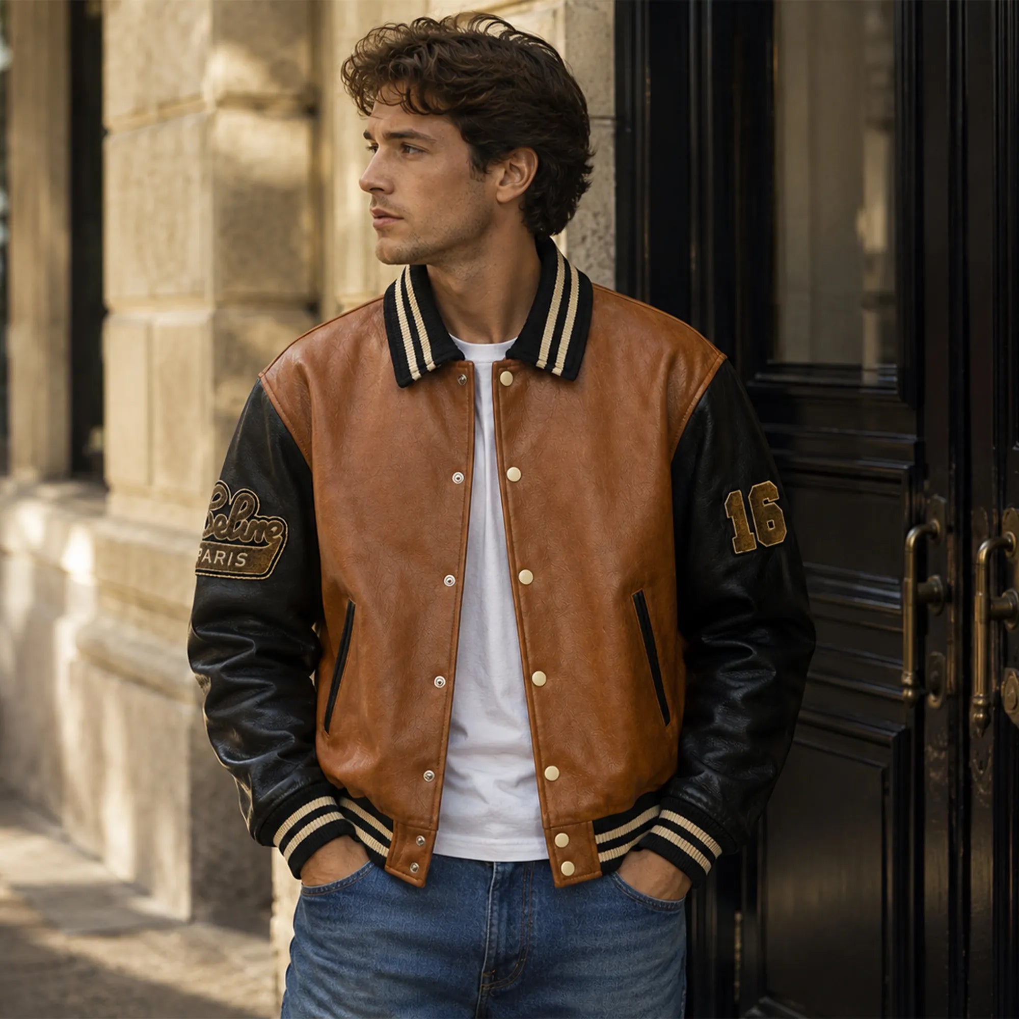 Mens Two Tone Leather Letterman Bomber Jacket Oversized Style - RXD Leather 00463