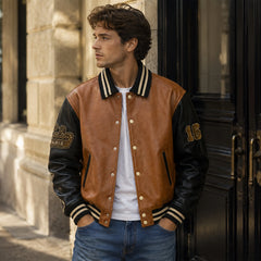 Mens Two Tone Leather Letterman Bomber Jacket Oversized Style - RXD Leather 00463
