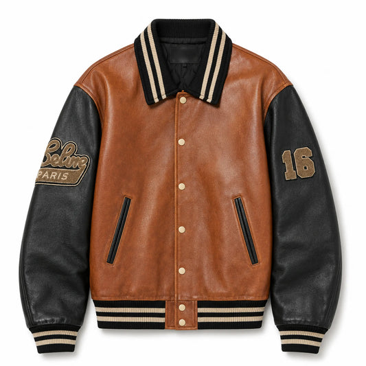 Mens Two Tone Leather Letterman Bomber Jacket Oversized Style - RXD Leather 00463 2000