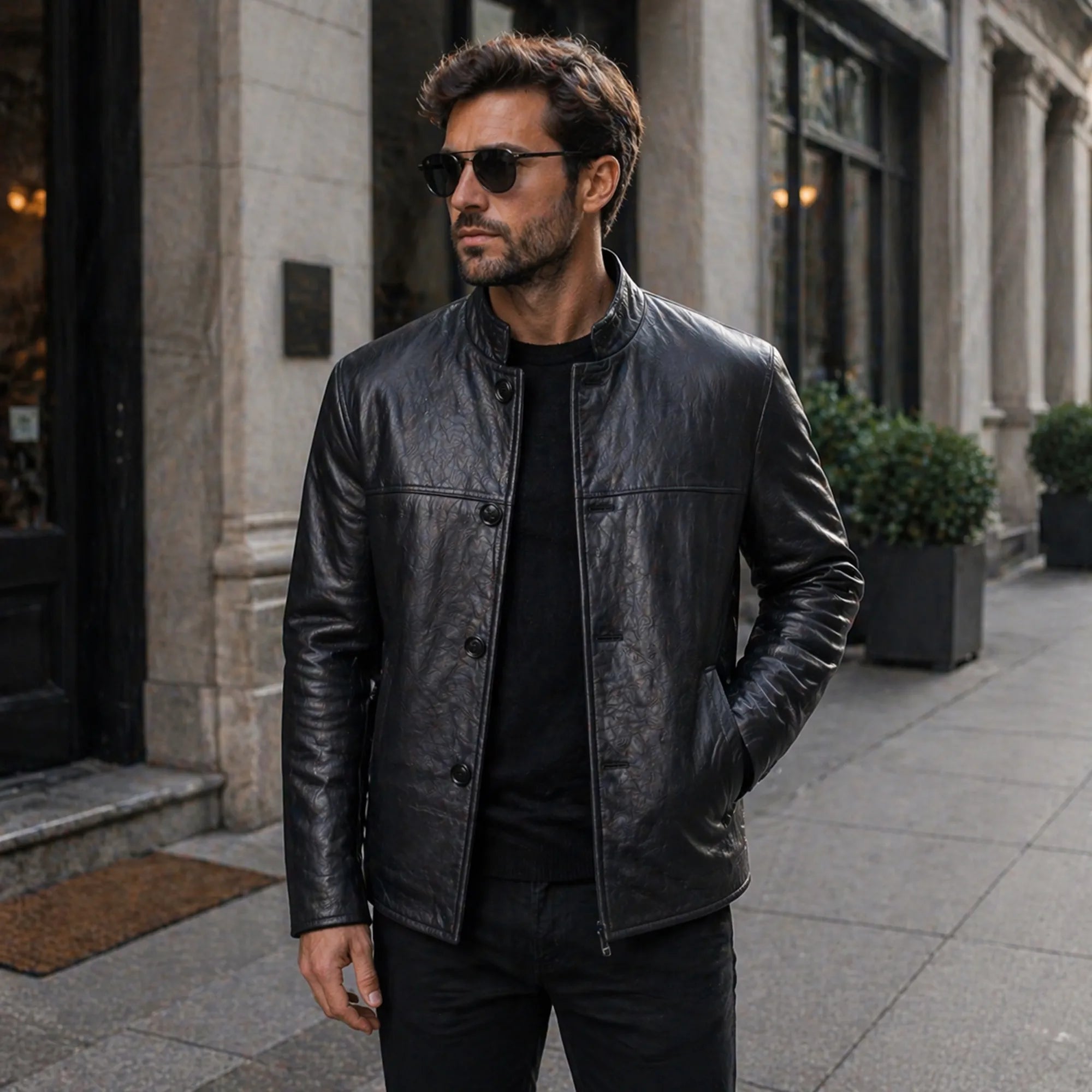 Men's brown leather jacket with small collar – RXD Leather