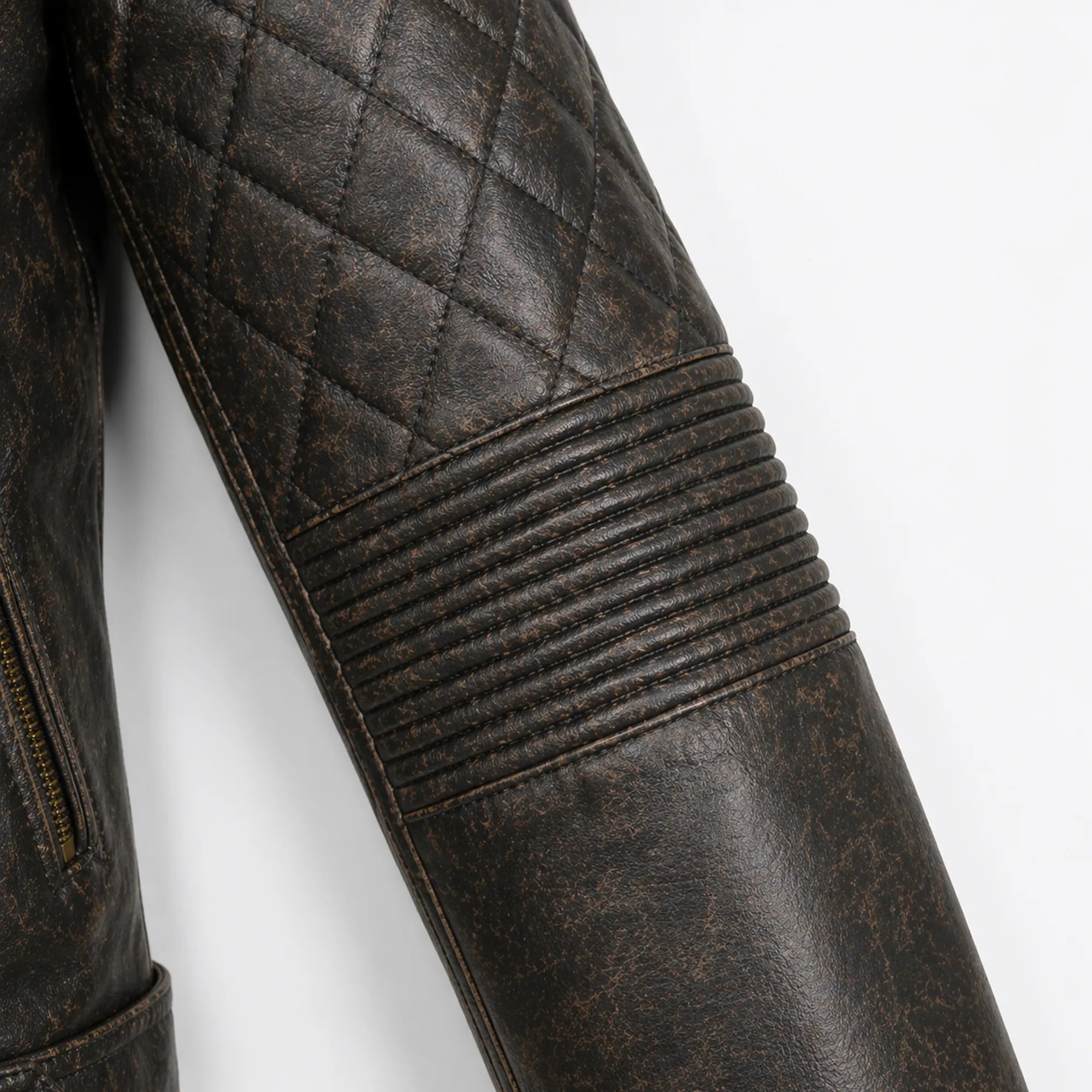 Men's distressed brown goatskin biker jacket detail – RXD Leather