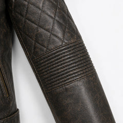 Men's distressed brown goatskin biker jacket detail – RXD Leather