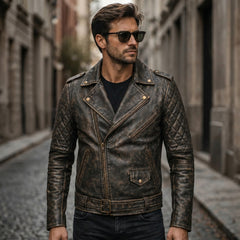 Men's brown biker jacket with waist belt – RXD Leather
